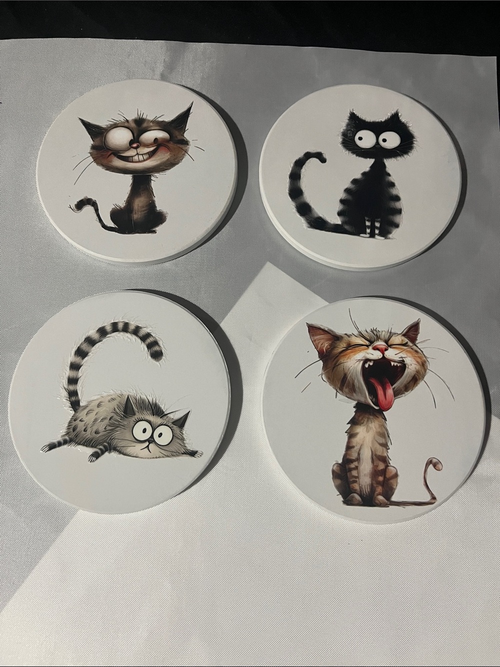 Whimsical Cat Coaster Set - White Cat Art (Set of 4)